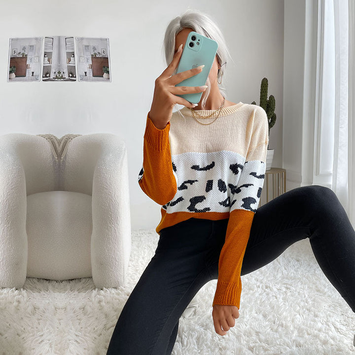 Damen Colorblock Strickpullover mit Leopardenmuster, Rundhals und lässiger Passform Echoarchiv