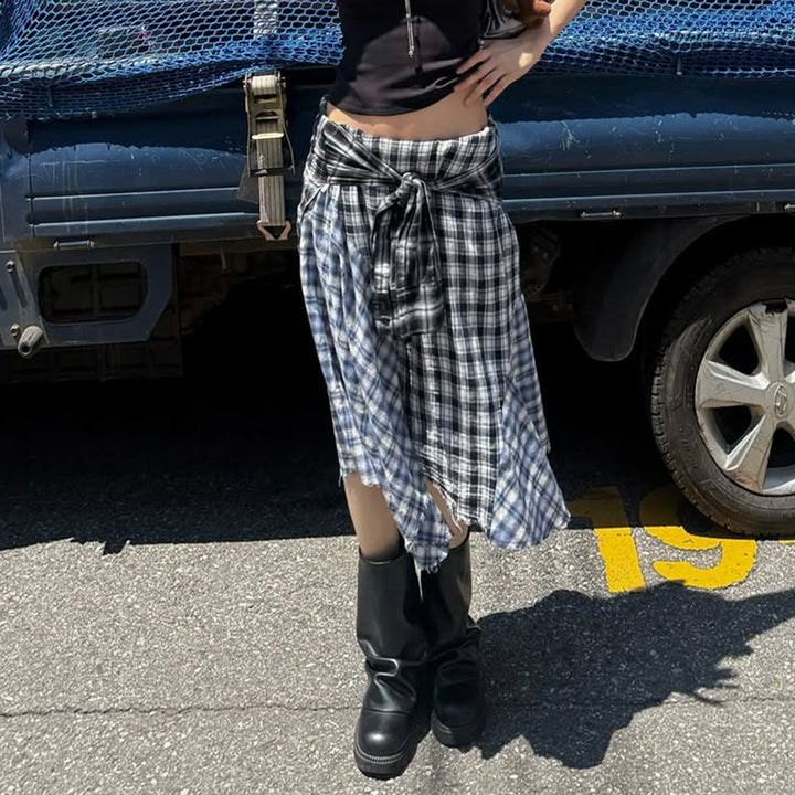 Damen Asymmetrischer Midirock im Karo-Patchwork mit Bundschärpe Echo Archiv