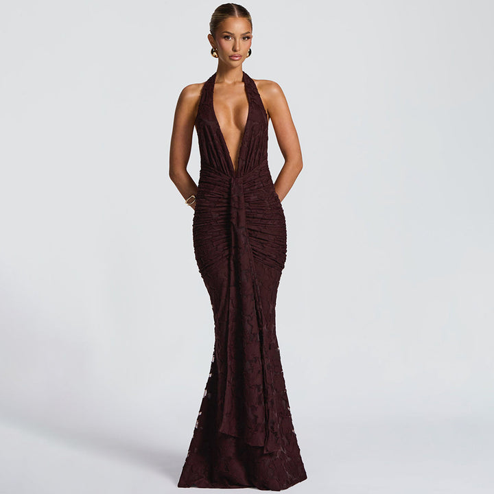 Damen Elegantes Maxikleid mit tiefem V-Ausschnitt und strukturierter Raffung Echo Archiv