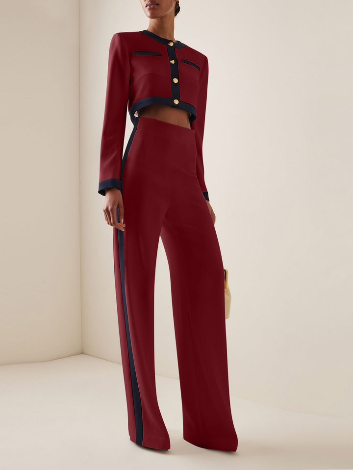 Damen Kurzgeschnittenes Cropped-Tailoring-Set mit Kontrastpaspel und High‑Waist Palazzo-Hose – Avélisse