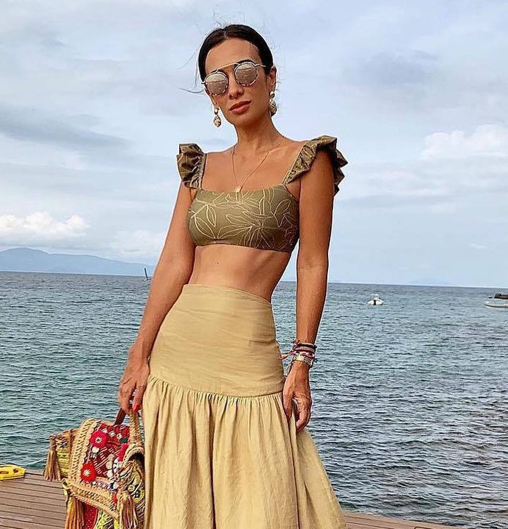 Damen Crop-Top und Rock Set mit Rüschen und floralem Muster Echo Archiv