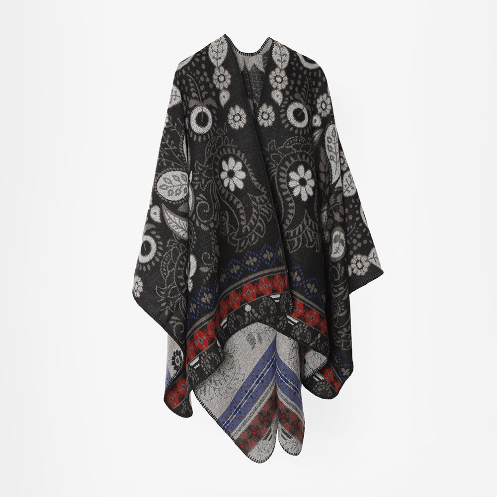Damen Oversize Jacquard-Ruana im Cape‑Stil mit floral‑paisley Muster – Avérine
