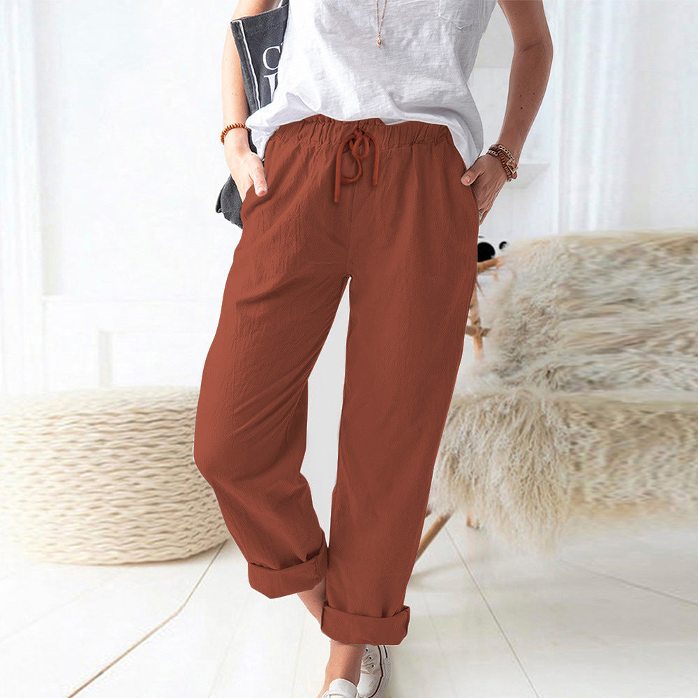 Damen Lockere Leinenoptik-Hose mit Elastischem Bund, Kordelzug und Aufgeschlagenem Saum – Avélisse