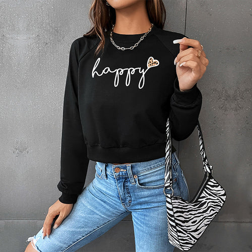 Damen Cropped-Sweatshirt mit Script-Print, Herz-Applikation und Raglanärmeln Echoarchiv