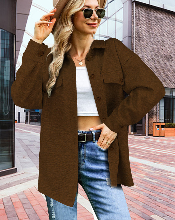 Damen Longline Oversize Hemdjacke mit aufgesetzten Pattentaschen und Strukturstoff – Célinea