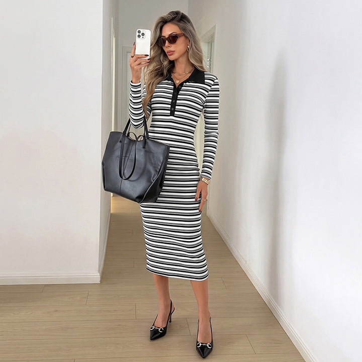 Damen Elegantes Langarm-Kleid mit Polo-Kragen Echo Archiv