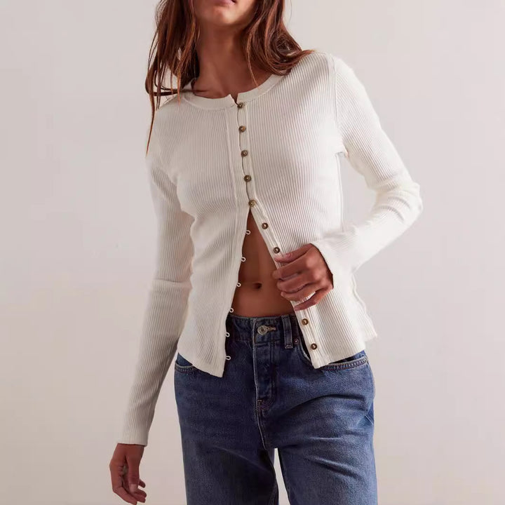 Damen gerippte taillenbetonte Knopf-Strickjacke mit Rundhals – Avérine