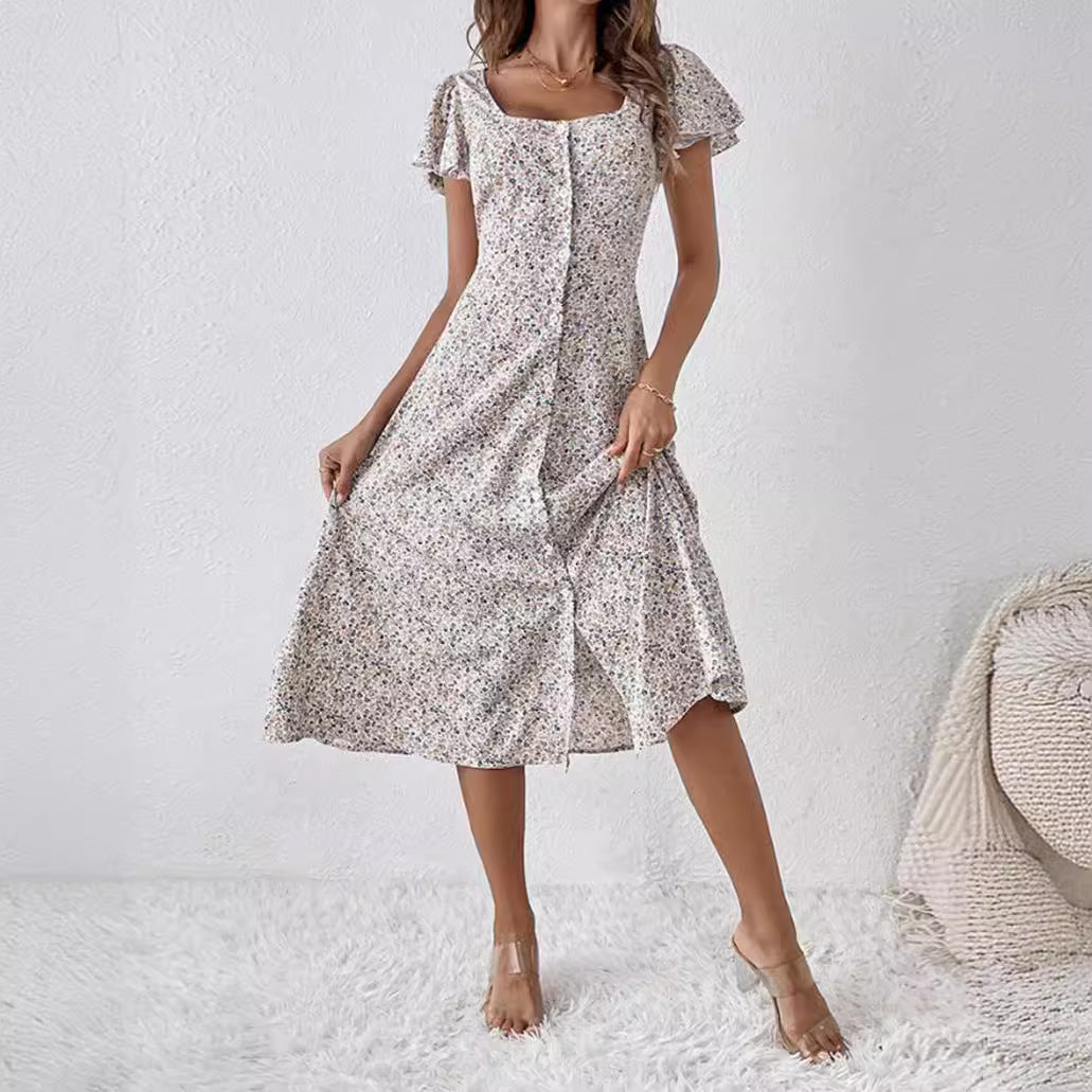 Damen nan tailliertes Midikleid mit quadratischem Ausschnitt, verdeckter Knopfleiste und fließendem A-Linien-Rock Echo Archiv