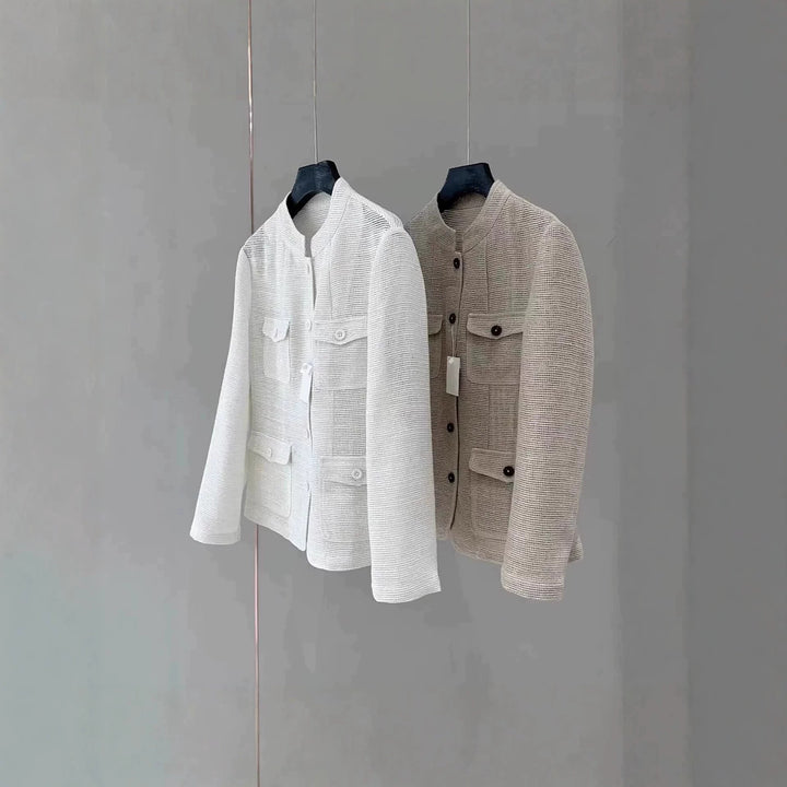 Damen Leichte Häkeloptik-Übergangsjacke mit Rundkragen und Pattentaschen Echo Archiv