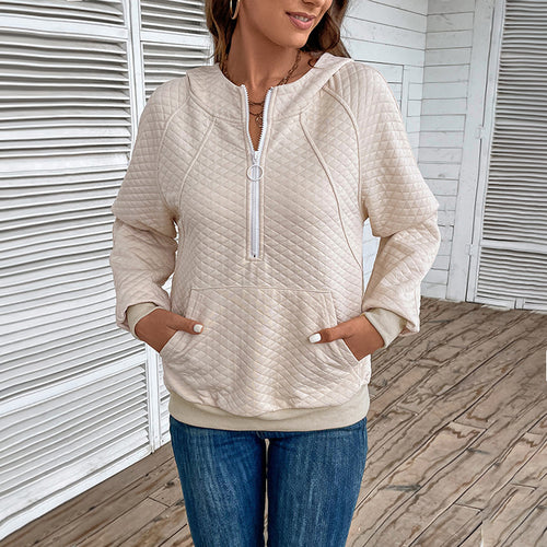 Damen Stepp-Hoodie mit halbem Reißverschluss, Kängurutasche und gesteppter Struktur Echoarchiv