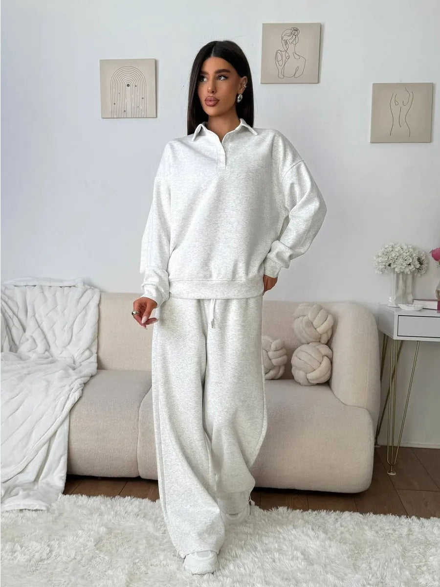 Damen weites Polo-Lounge-Set mit elastischem Tunnelzugbund und Wide‑Leg-Jogginghose – Avérine