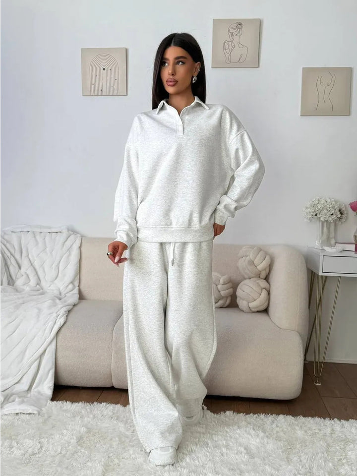 Damen weites Polo-Lounge-Set mit elastischem Tunnelzugbund und Wide‑Leg-Jogginghose – Avérine