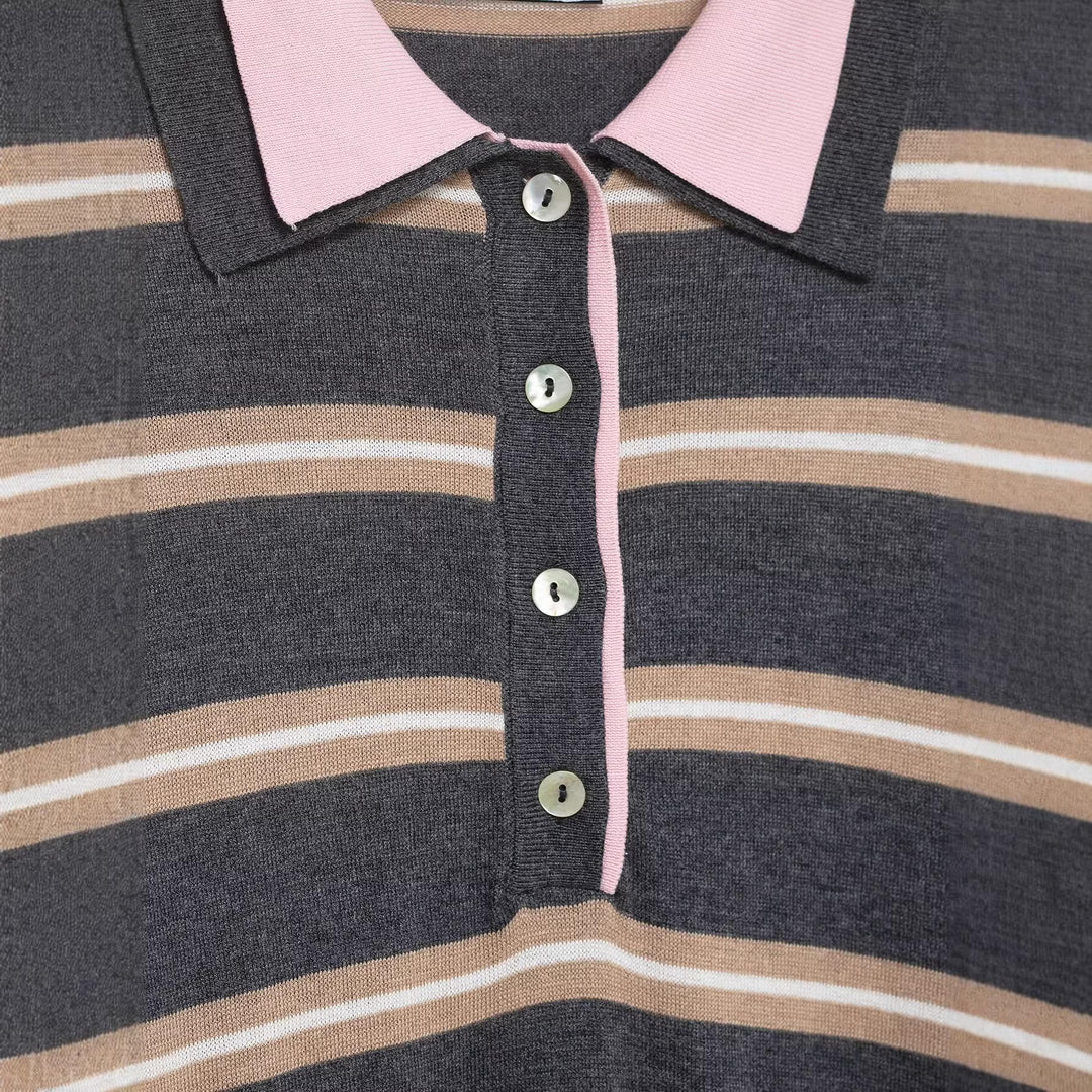 Damen Feinstrick-Rugby-Pullover mit kontrastierendem Kragen und Knopfleiste Echoarchiv