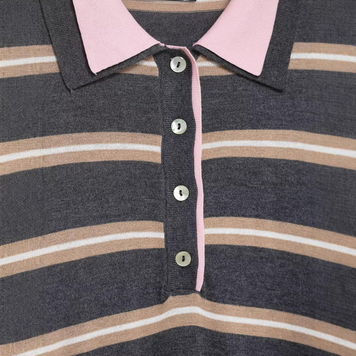 Damen Feinstrick-Rugby-Pullover mit kontrastierendem Kragen und Knopfleiste Echoarchiv