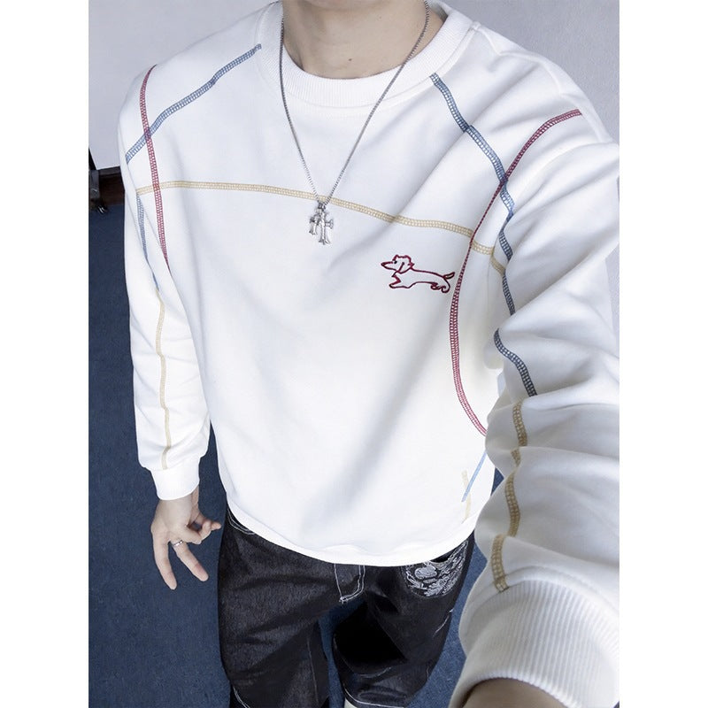 Herren Sweatshirt mit farbiger Ziernaht, gesticktem Hundemotiv und Rundhalsausschnitt Echoarchiv