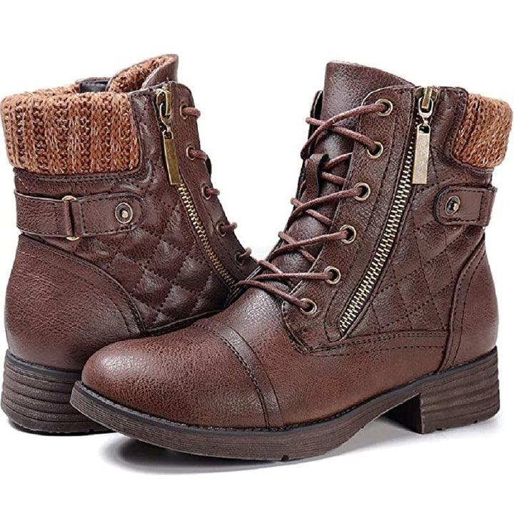 Damen Combat-Boots mit gesteppter Knöchelmanschette, Strickkragen und seitlichem Reißverschluss Echo Archiv