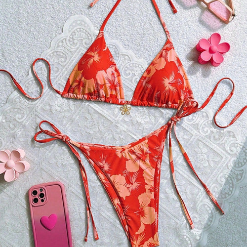 Damen Triangel-Bikini mit floralen Akzenten und raffinierten Bindebändern Echo Archiv