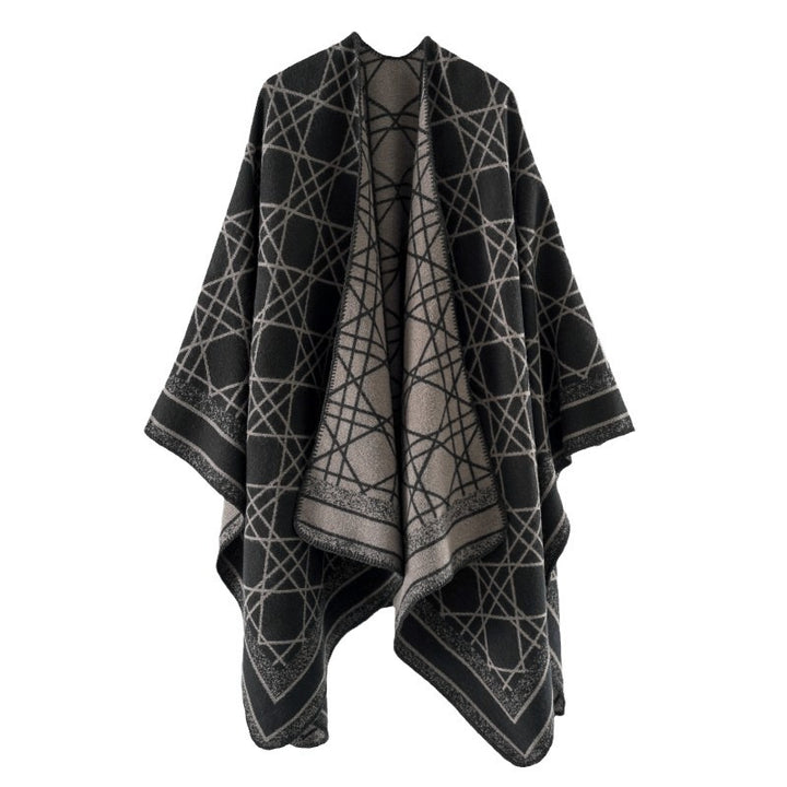 Damen Wendbarer Jacquard-Capeponcho mit geometrischem Allovermuster und offenem Kimono-Fall – Célinea