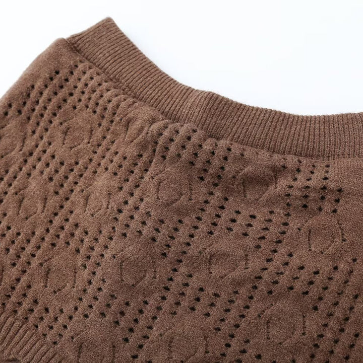 Damen Zweiteiliges Strick-Set mit Oversize-Pullover, Lochmuster-Miniüberrock und weiter Palazzohose Echoarchiv