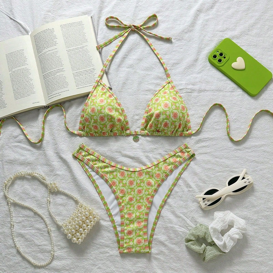 Damen Triangel-Bikini mit frischem Blumendruck und verstellbaren Trägern Echo Archiv
