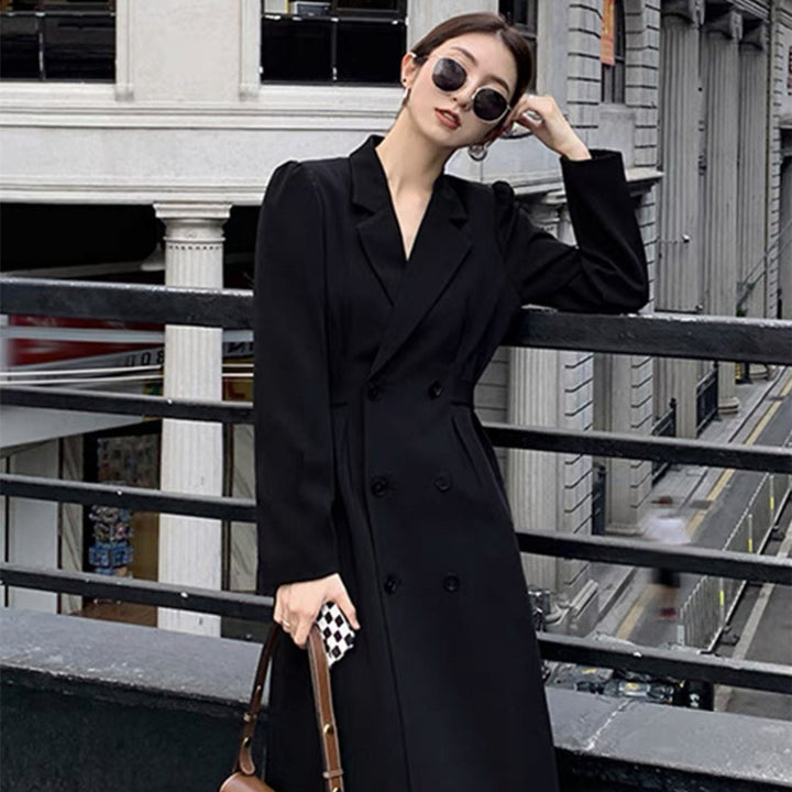 Damen Doppelreihiger Longblazer‑Mantel mit taillierter Schnittführung und strukturierten Schultern – Montévia