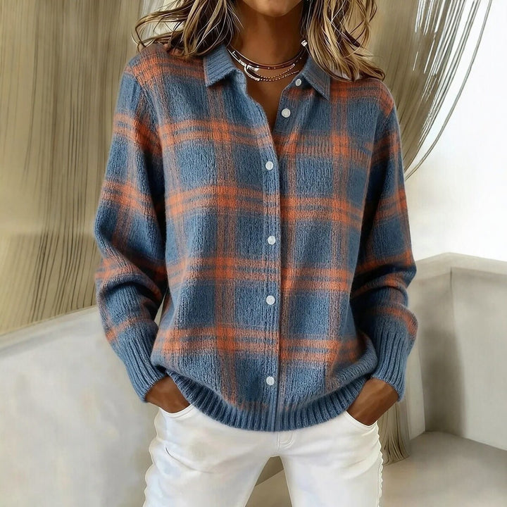 Damen Kariertes Strick-Hemdjacke-Cardigan mit Hemdkragen und gerippten Bündchen Echoarchiv
