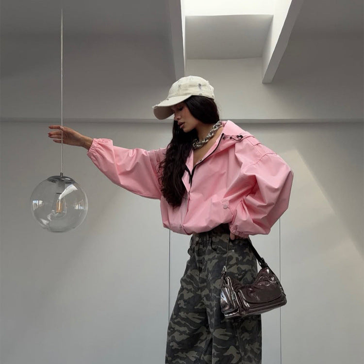 Damen Oversize Windbreaker Jacke mit Kapuze und kurzem Cropped‑Schnitt Echoarchiv