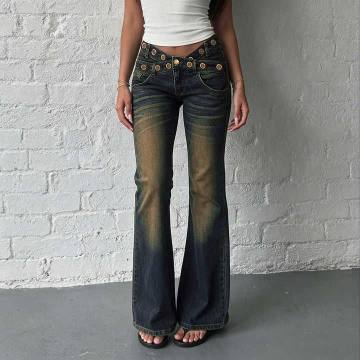 Damen High‑Waist Flared-Jeans mit doppeltem Nietenbund und Used-Effekt Echo Archiv
