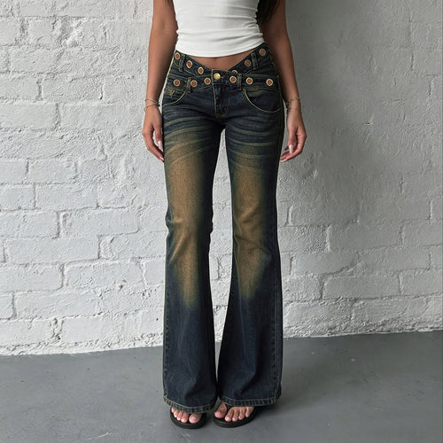 Damen High‑Waist Flared-Jeans mit doppeltem Nietenbund und Used-Effekt Echo Archiv