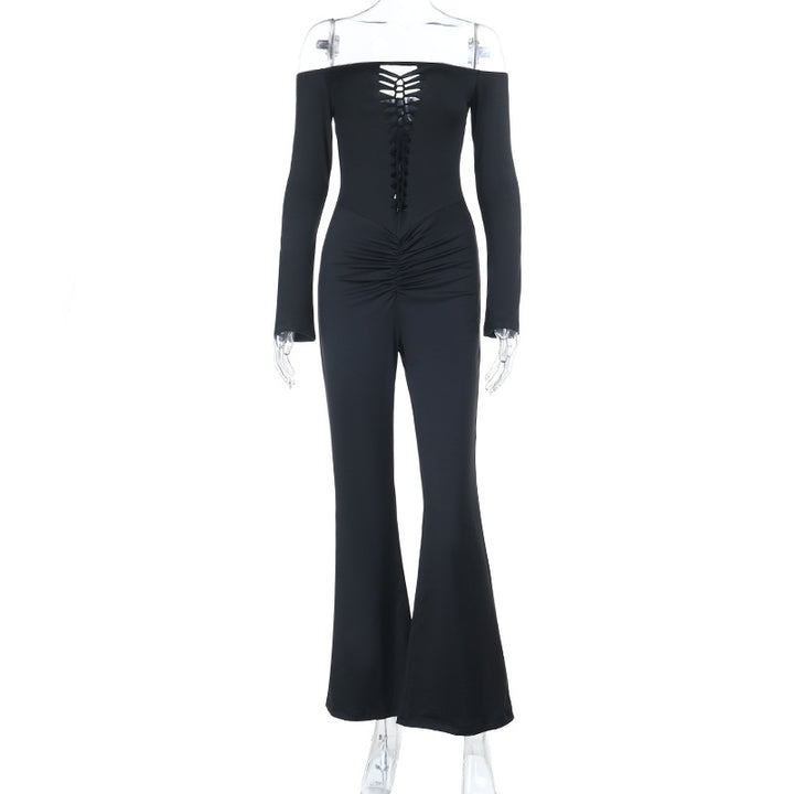 Damen schulterfreier figurnahe Jumpsuit mit Schnür-Bustier, Hüftraffung und Schlaghose – Avérine