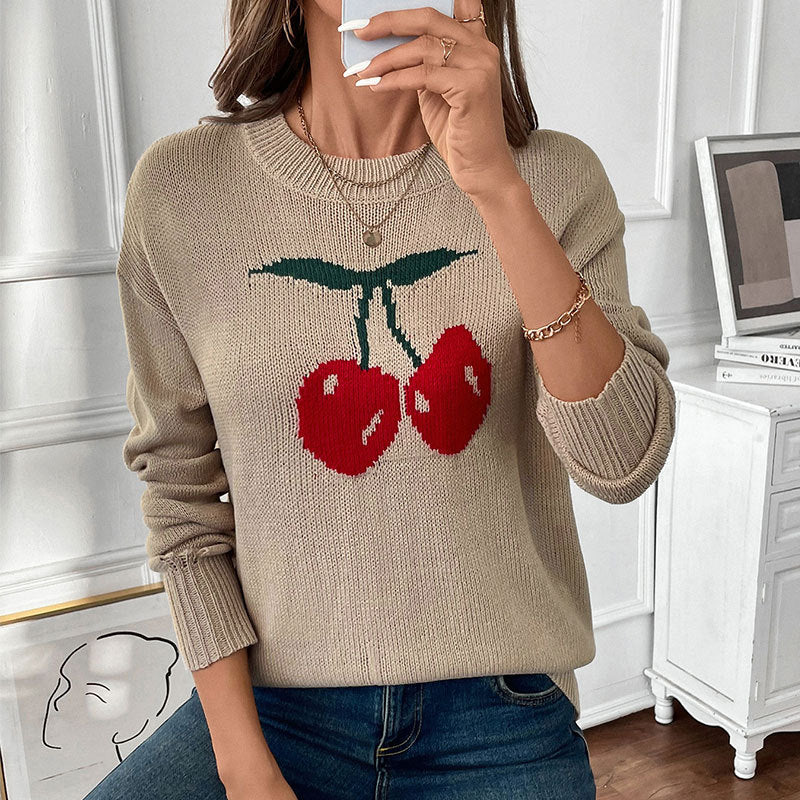 Damen Strickpullover mit Kirschen-Intarsie, Rundhalsausschnitt und legerem Oversize-Schnitt Echoarchiv