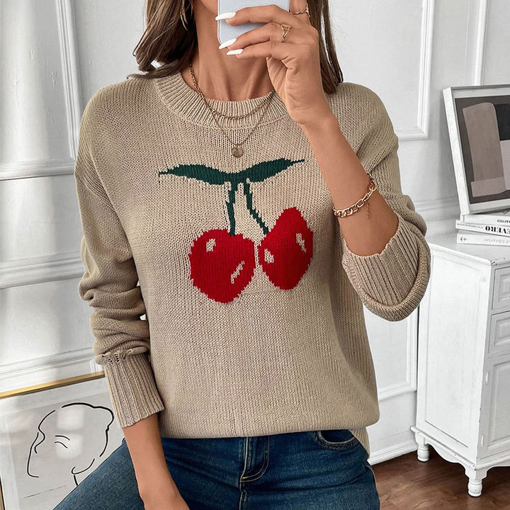 Damen Strickpullover mit Kirschen-Intarsie, Rundhalsausschnitt und legerem Oversize-Schnitt Echoarchiv
