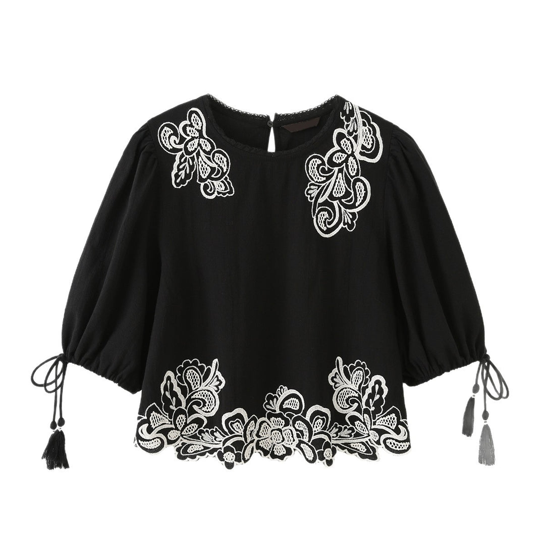 Damen bestickte Bluse mit Trompetenärmeln, Quasten und floraler Spitzenbordüre Echoarchiv