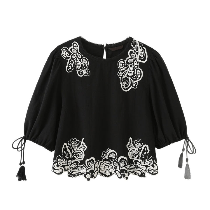 Damen bestickte Bluse mit Trompetenärmeln, Quasten und floraler Spitzenbordüre Echoarchiv