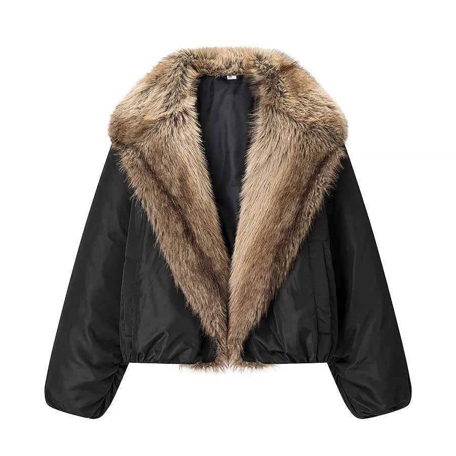 Damen cropped Kunstfell-Bomberjacke mit voluminösem Schalkragen und elastischem Saum – Avenza