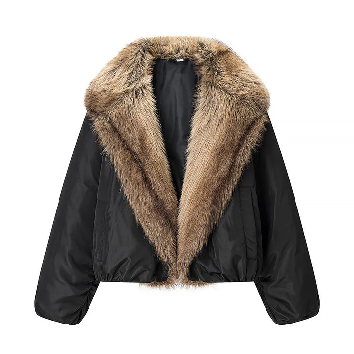 Damen cropped Kunstfell-Bomberjacke mit voluminösem Schalkragen und elastischem Saum – Avenza