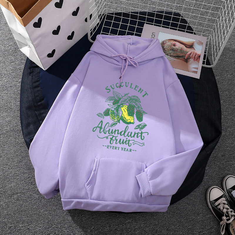 Damen Kapuzenpullover im Relaxed-Fit mit botanischer Frucht-Illustration und Kängurutasche – Auréline