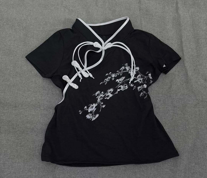 Damen Modernes Chinesisches Kurzarm-T-Shirt mit kreativem Knotendesign Echo Archiv