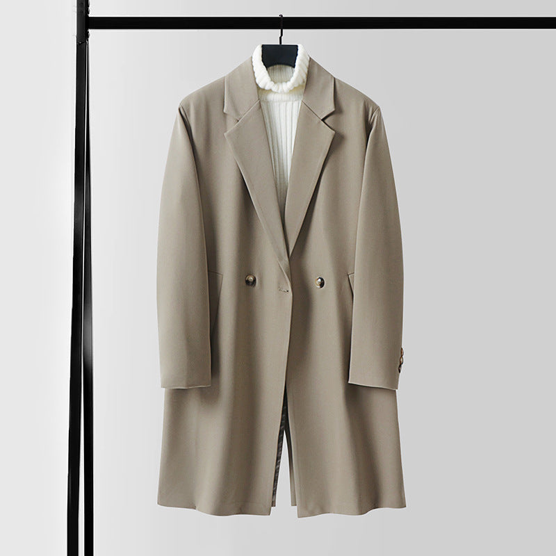 Herren Longline-Mantel im minimalistischen Schnitt mit Schalkragen und zweireihiger Knopfleiste Echoarchiv