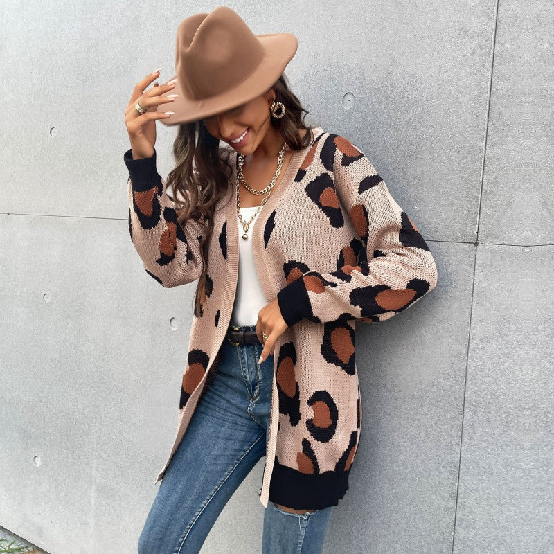 Damen Longline Cardigan im Leo-Jacquard mit offener Front und Rippbündchen – Veloura