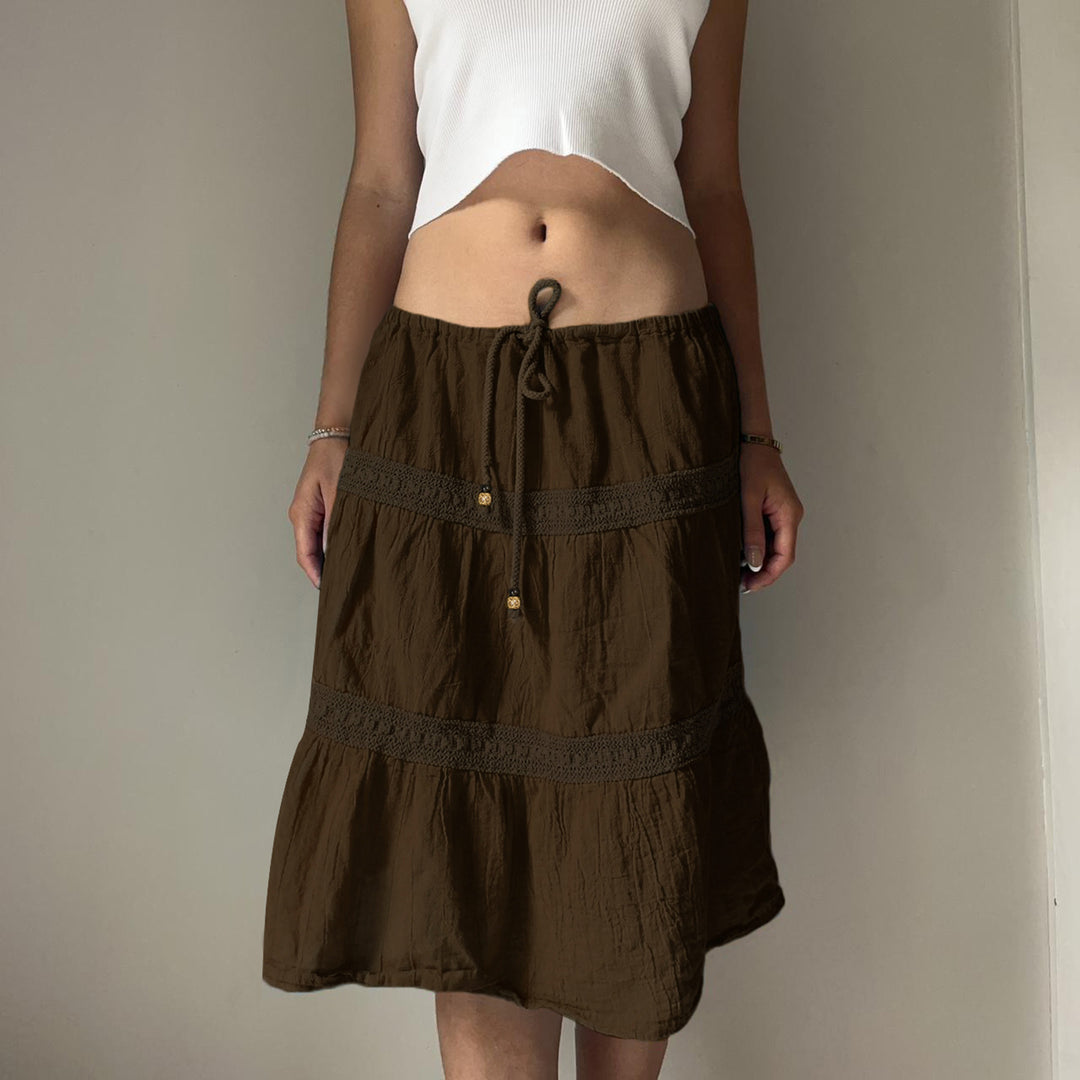 Damen nan gestufter Boho-Midirock mit elastischem Kordelbund und Häkelband-Details Echo Archiv