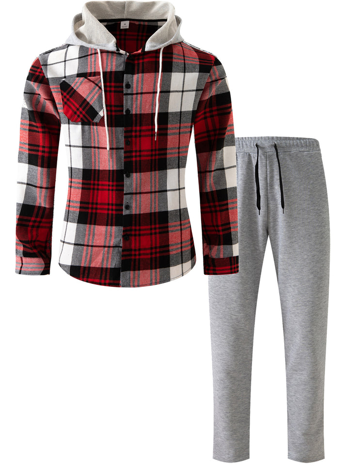 Herren lässiges Flanell-Hemd mit Kapuze und Jogginghose Set Echoarchiv