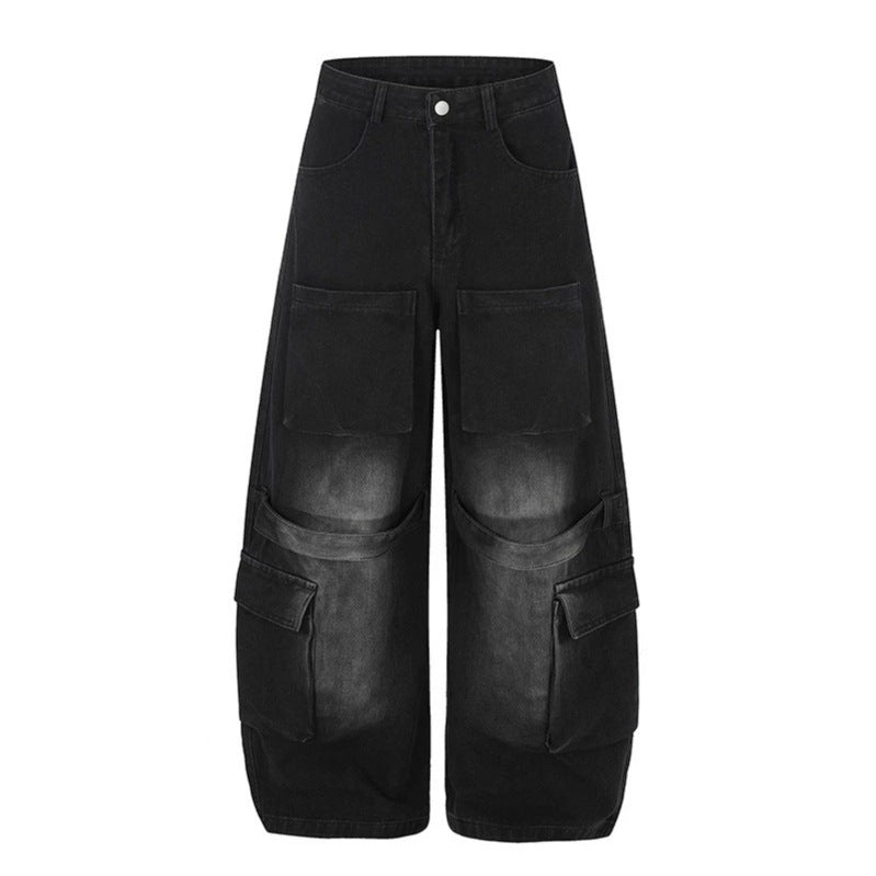 Damen Hochgeschnittene weite Cargo-Palazzo-Jeans mit großen aufgesetzten Taschen und Vintage-Waschung Echoarchiv