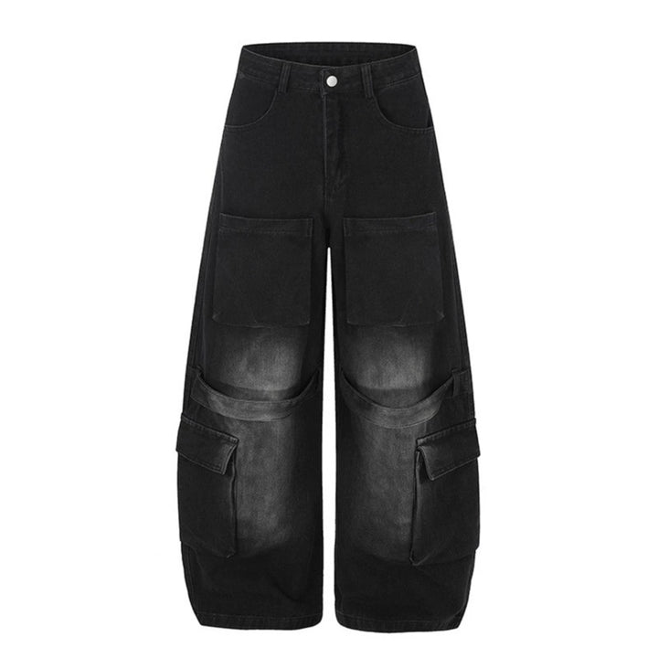 Damen Hochgeschnittene weite Cargo-Palazzo-Jeans mit großen aufgesetzten Taschen und Vintage-Waschung Echoarchiv