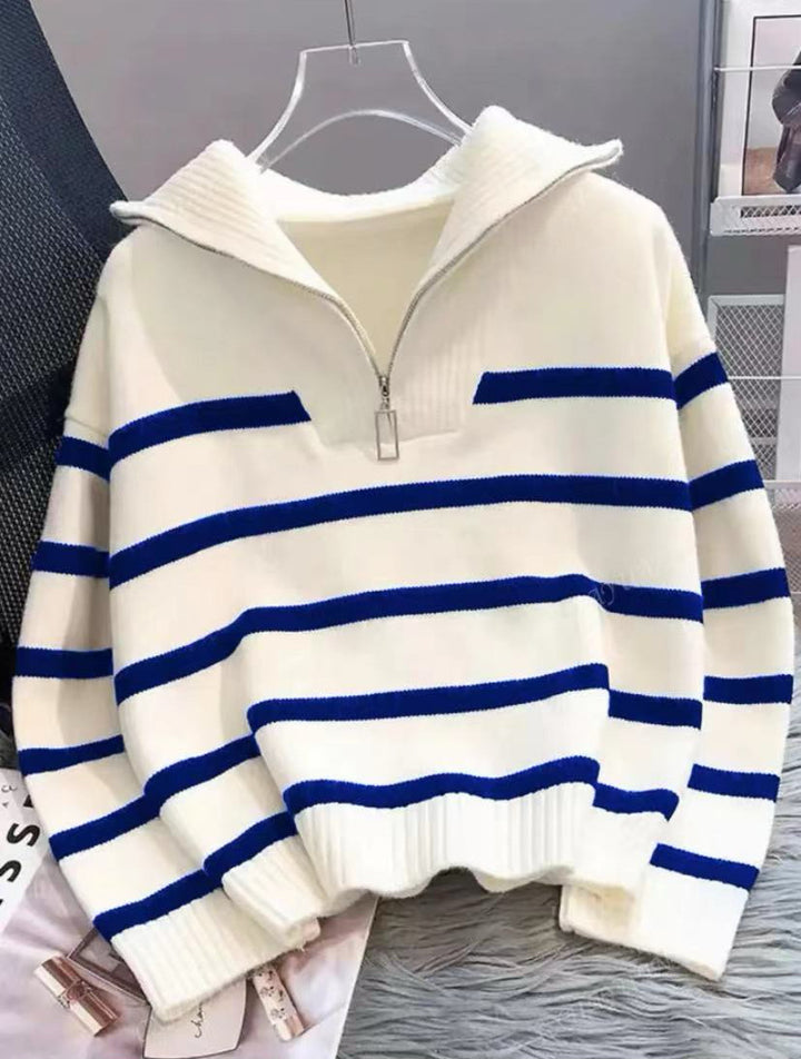 Damen Gestreifter Halb-Reißverschluss Strickpullover mit Rippenkragen – Mavelle
