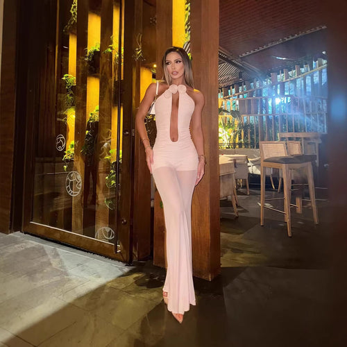 Damen Jumpsuit mit tiefem Ausschnitt und floralen Akzenten Echo Archiv