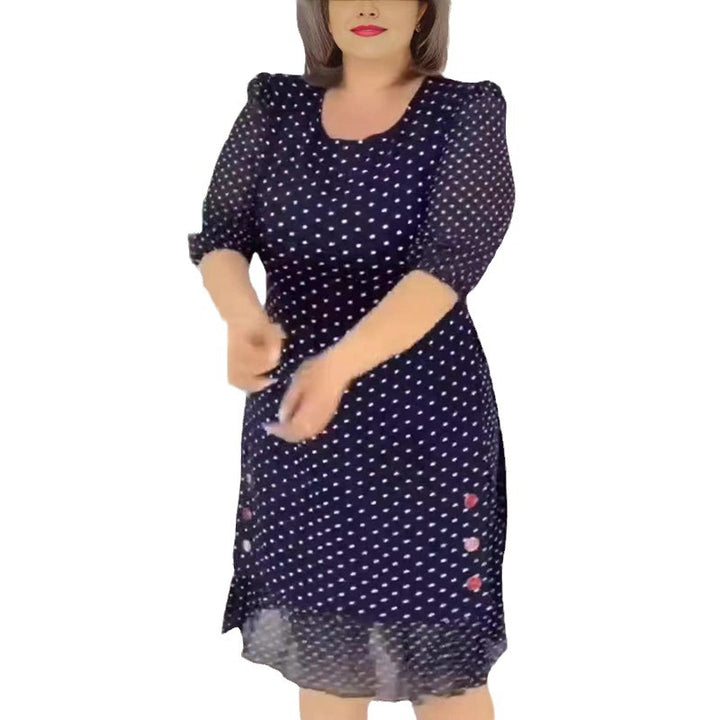 Damen nan Chiffon-Midikleid mit Pünktchenmuster, halblangen Puffärmeln, seitlicher Blumenstickerei und gerafftem Volantsaum Echo Archiv