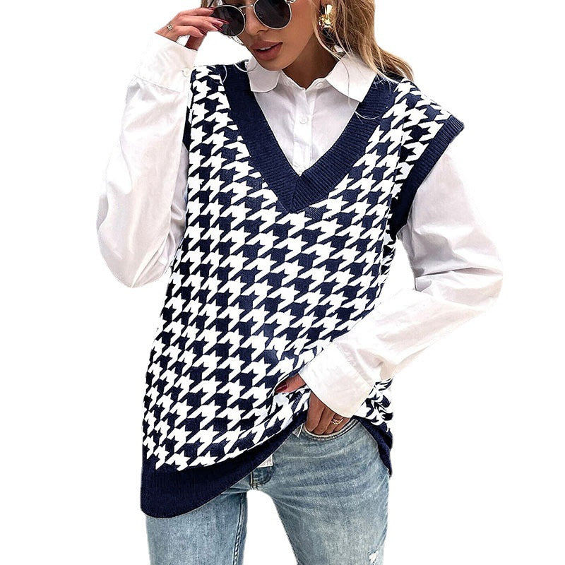 Damen Hochwertiger Strickpullover mit V-Ausschnitt und Hahnentrittmuster Echo Archiv