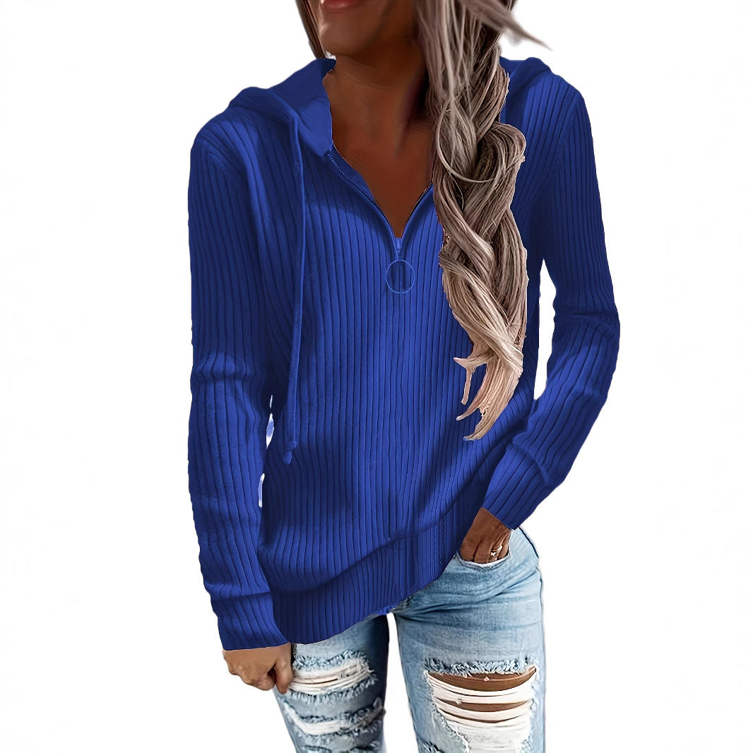 Damen Lässiger Rippstrick-Hoodie mit halbhohem Reißverschluss und Ringzipper – Auréline