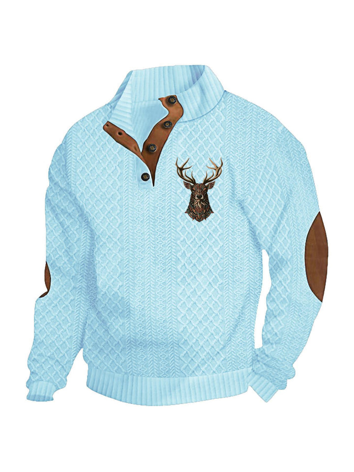 Herren nan Heritage-Strukturpullover mit Stehkragen Lederimitat-Besatz Ellenbogen-Patches und Halbknopfleiste Echo Archiv